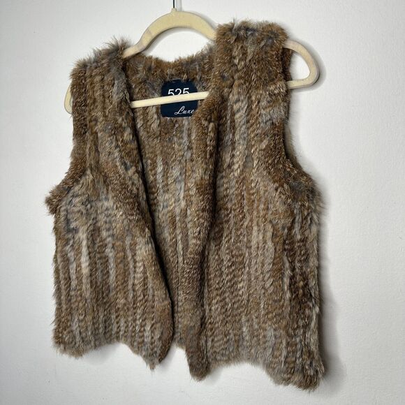 525 America Soft Luxe Genuine Rabbit Fur Sleeveless Open Vest Brown Cream Medium - Picture 6 of 16